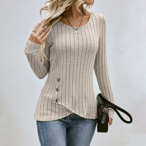 SNKSDGM Women's Plus Casual Easter Shirts Women's Tops 3/4 Sleeve 3X Women's Solid Color Fashionable Commuting Waist Round Neck Tight Long Sleeve Top Summer Tops Plus Size