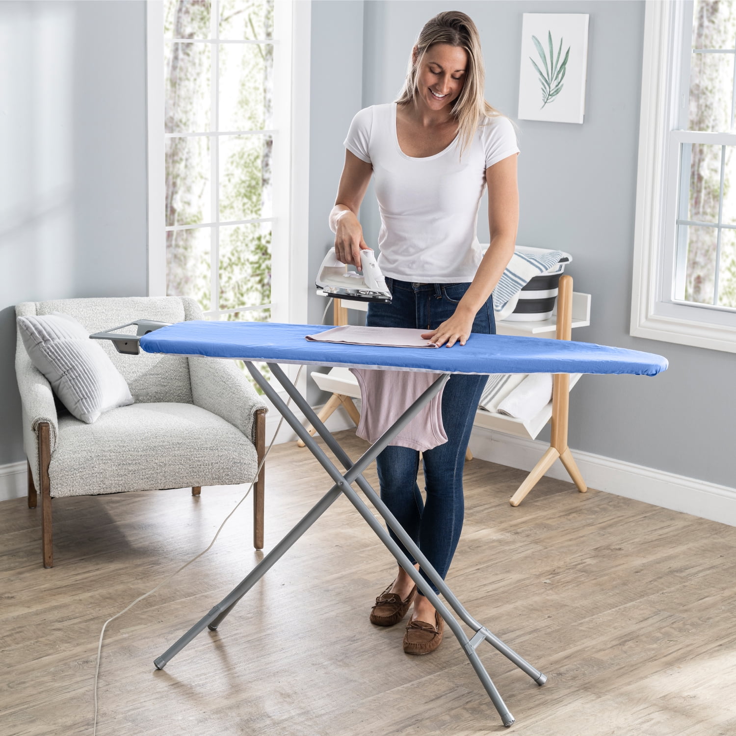 Seymour Home Products Adjustable Height, 4 Leg Ironing Board with Mesh Top and Iron Rest, Dark Blue