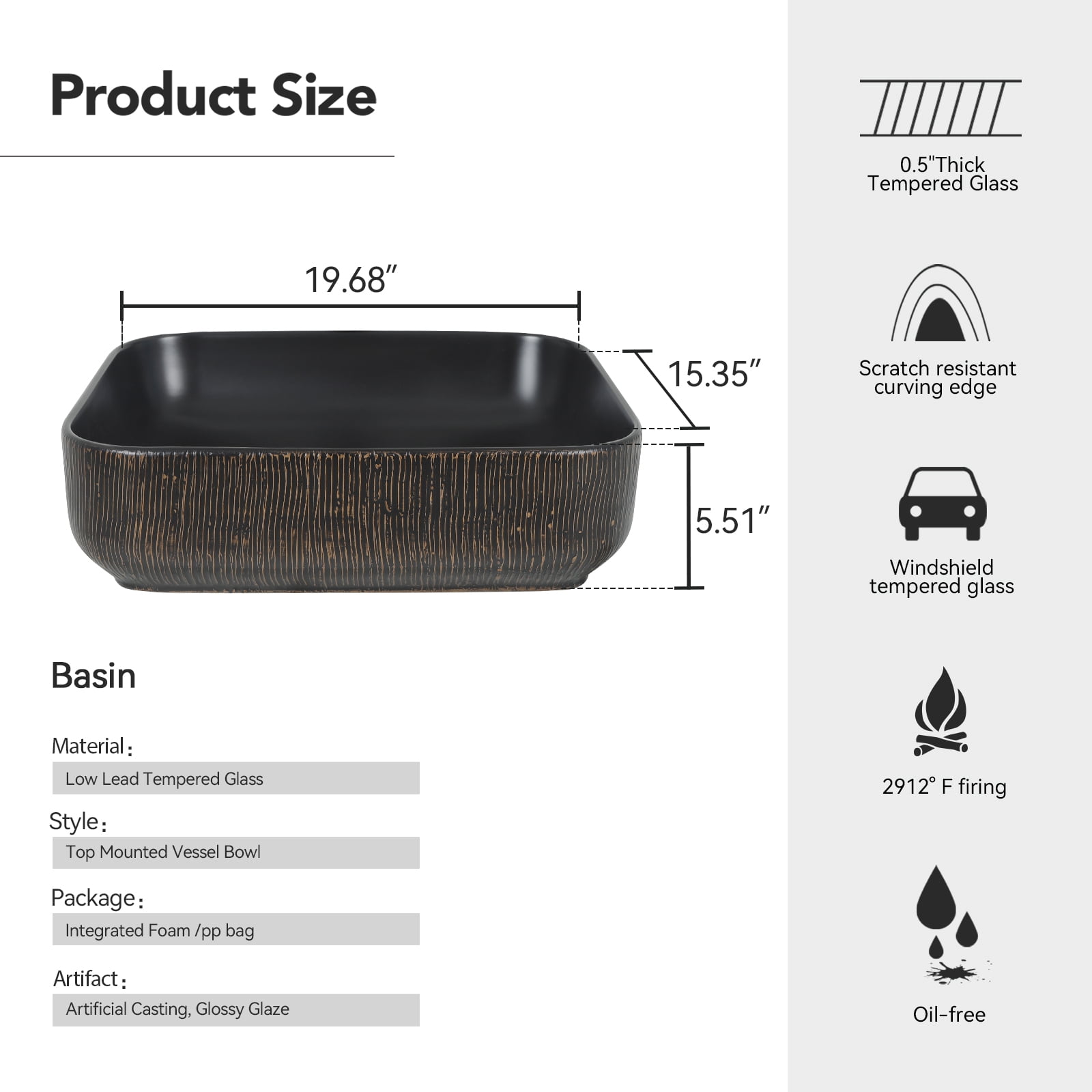 FULLWATT Ceramic Bathroom Sink, Above Counter Ceramic Vanity with Faucet and Pop-Up Drain Combo, Rectangular Modern Above Counter Bathroom Sink