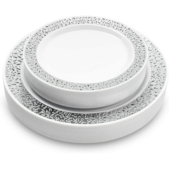 MATANA 40 Premium Sliver Plastic Plates with White & Silver Lace Trim - 20 Dinner Plates 10.25" Inch, 20 Salad Dessert Appetizer Plates 7" Inch
