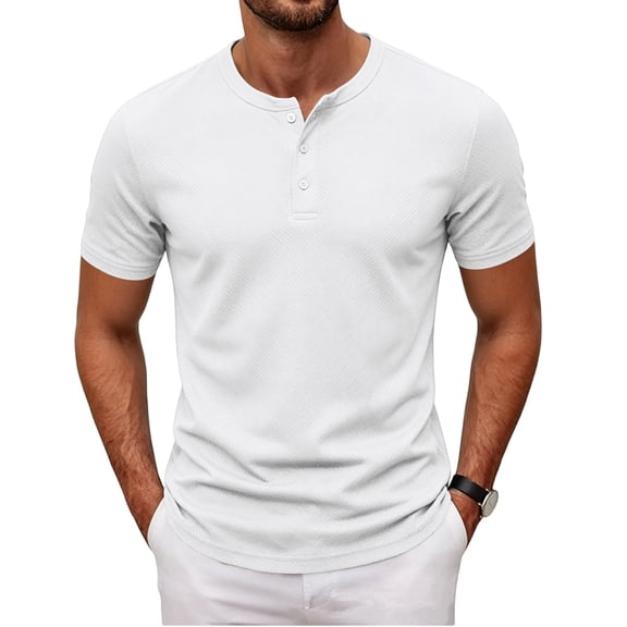 Domuza Tshirts Shirts for Men Summer Henley Gym T-Shirts 3 Button Solid Short Sleeve Work Tops White S