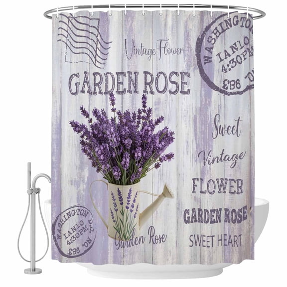 Purple Lavender Shower Curtain Set - 72" x 78" Washable Bathtub Curtain with 12 Hooks, Vintage Farmhouse Rustic Floral Wooden Grain Waterproof Fabric Stall Shower Curtains for Bathroom/Bathtub Décor