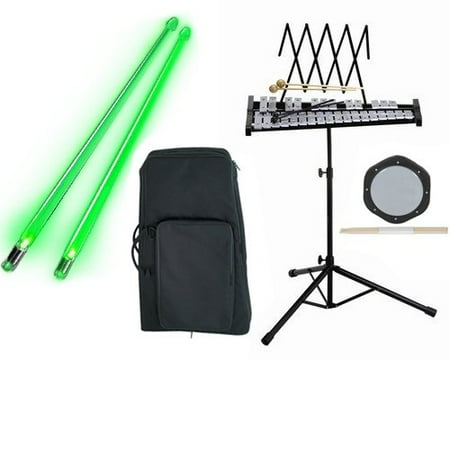 Band Directors Choice Educational Bell Kit Pack Deluxe w/Carry Bag, Drum Practice Pad & Green Light Up Drumsticks