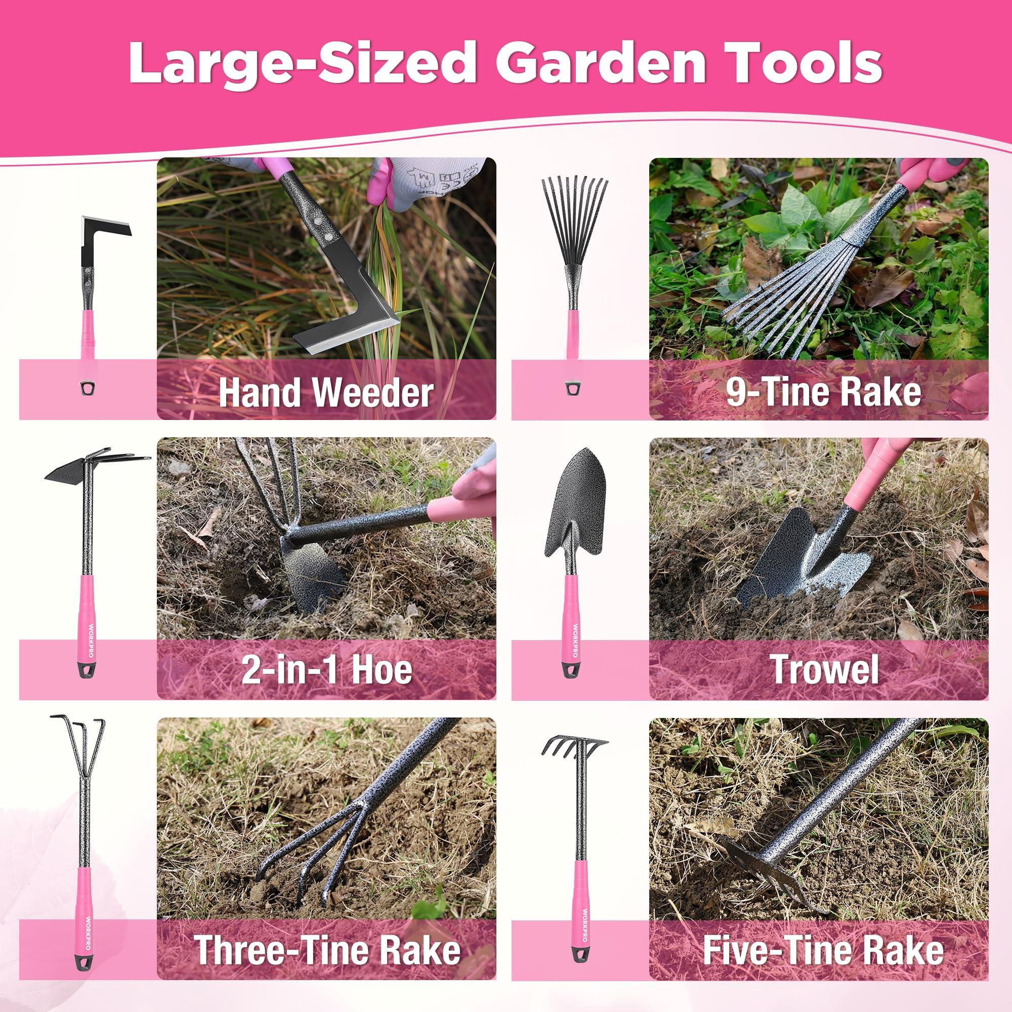 6-piece Pink Garden Tool Set  Heavy Duty Gardening Hand Tools With Soft Rubber Handle Including Trowel Rakes 2-in-1 Hoe And Crack Weeder Ideal Gifts For Men Women