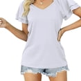 thumbnail image 3 of Estrela Camiseta de Manga Corta con Volantes de Color Puro para Mujer, Camiseta cómoda con Cuello en V para Mujer, Camiseta de Color Liso, Top Blanco XL, 3 of 5