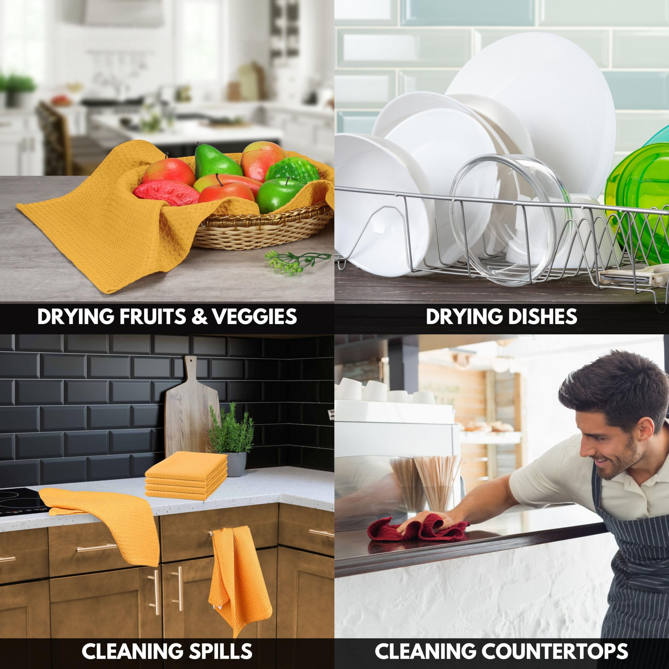 Softopia Cotton Yellow Waffle Kitchen Dish Towels, 100% Cotton, Quick Dry, Super Absorbent, Soft, 16x26 Inches – Ideal for Dish Drying, Bar, Tea, Cleaning, and Everyday Use, 12 Pack, Mustard Yellow