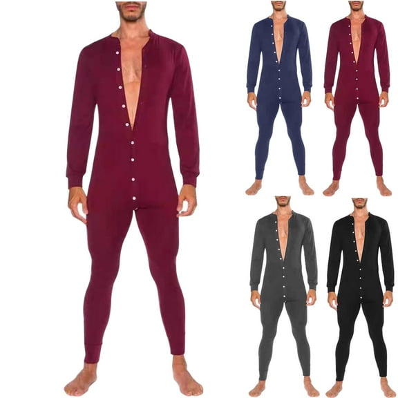 Mens Onesie,One Piece Long Sleeve Onesie Henley Jumpsuit Stretchy Cotton Sleepsuit Button Down Solid Color Slim Fit Nightwear Underwear Pajamas Bodysuit UK Size 10-16
