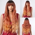 thumbnail image 2 of Peluca de color ombré naranja para mujer, pelo sintético sedoso, largo, ondulado al agua, suave, con flequillo, Natural, para fiesta diaria, resistente al calor, 2 of 4