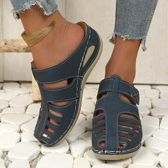 WIZUTIZ Wedge Sandals for Women Sandals for Women 2025 Soft Comfortable Stretchy Hollow Out Sandals Pull-On Round Toe Shoes Flat Heel (O"-1) Wide Solid Sandals Mother's Day Gifts Deals Blue