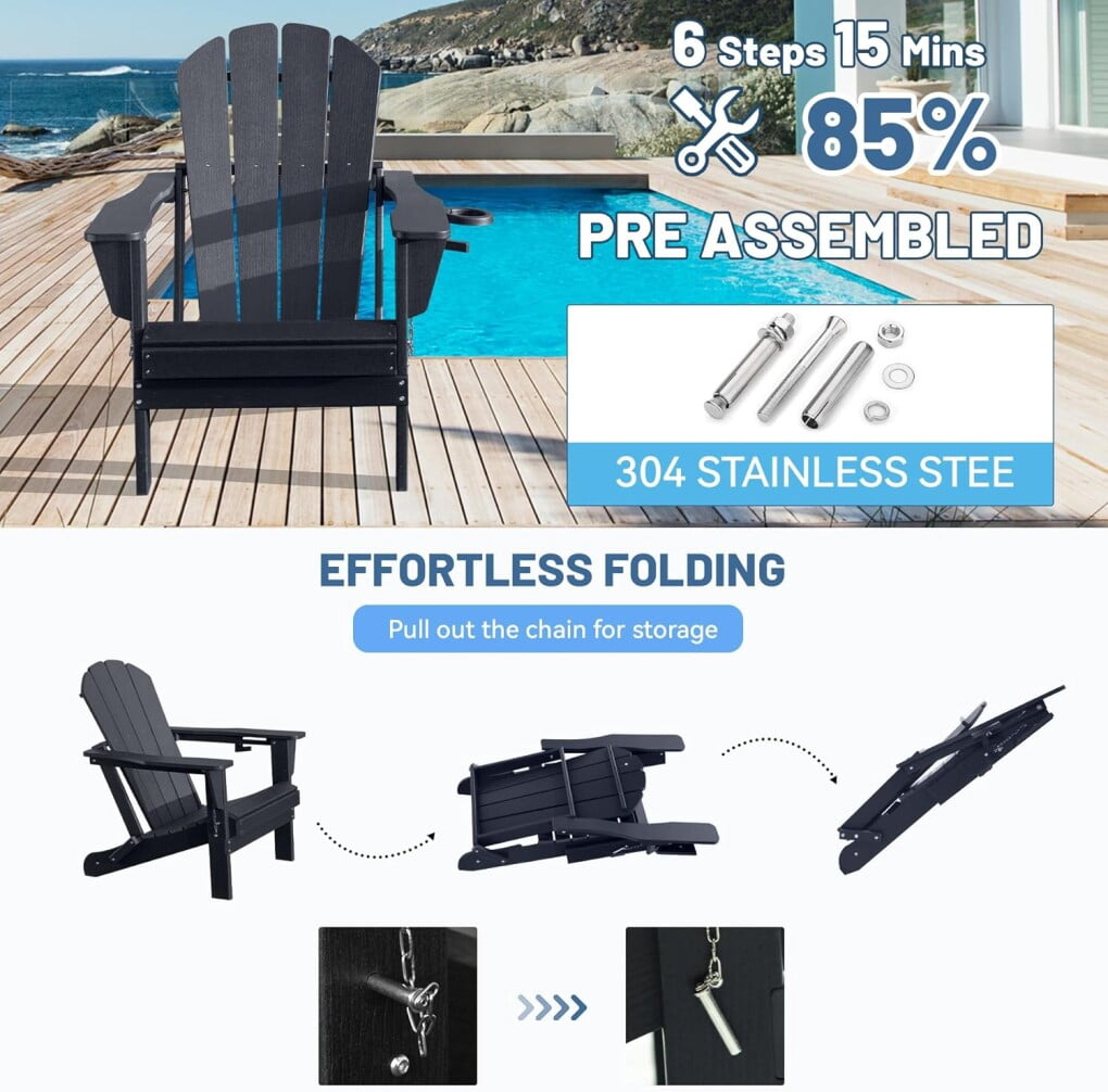 Folding Adirondack Chair, All-Weather HDPE Lawn Chair with Cup Holder, Comfortable Outdoor Patio Chair for Deck, Porch, Backyard, Garden, Black