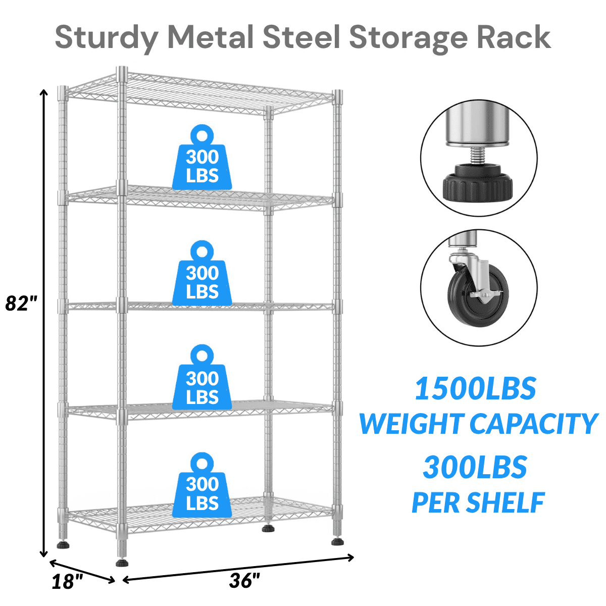 Legooin 18x36x82 inch Metal Wire Shelving Unit 5-Tier Storage Rack with Wheels Utility Shelf for Home Industrial Storage 2000lbs Load Capacity, Silver