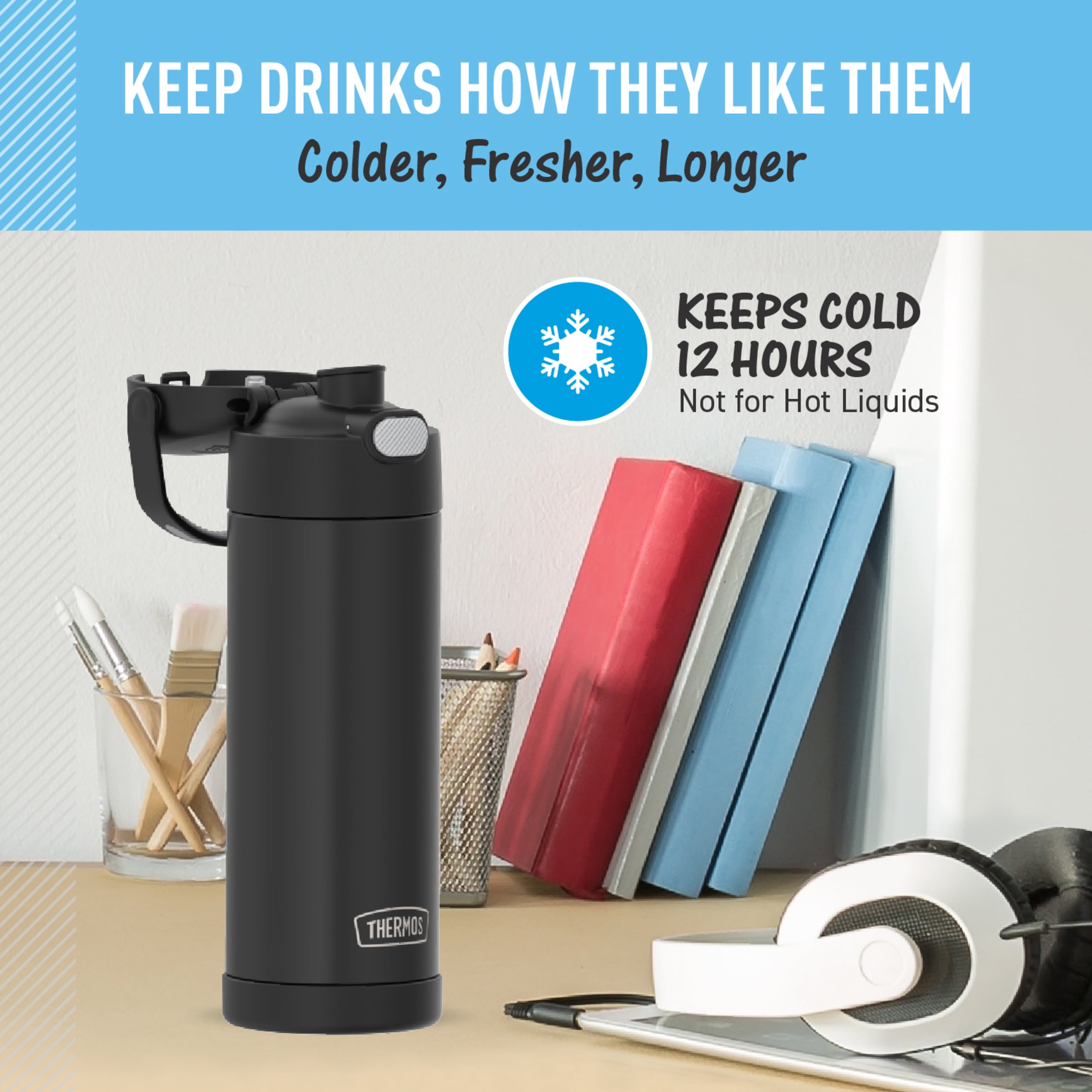 (4 pack) Thermos Stainless Steel Funtainer Water Bottle with Chug Spout 16 oz Black
