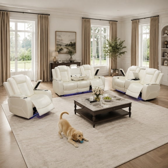 Breathing Leather Power Recliner Sofa Set, Reclining Living Room Set with LED, Reclining Sofa Recliner Couch with Cup Holder/USB Ports (3 Pieces Couch Set, Cream White)