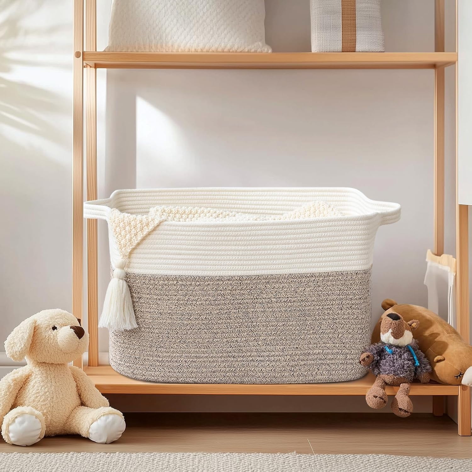 Natubeau Woven Storage Baskets, 60L Large Rectangle Woven Laundry Hampers with Handle, Cotton Rope Blanket Basket for Living Room, Nursery Room, White & Brown