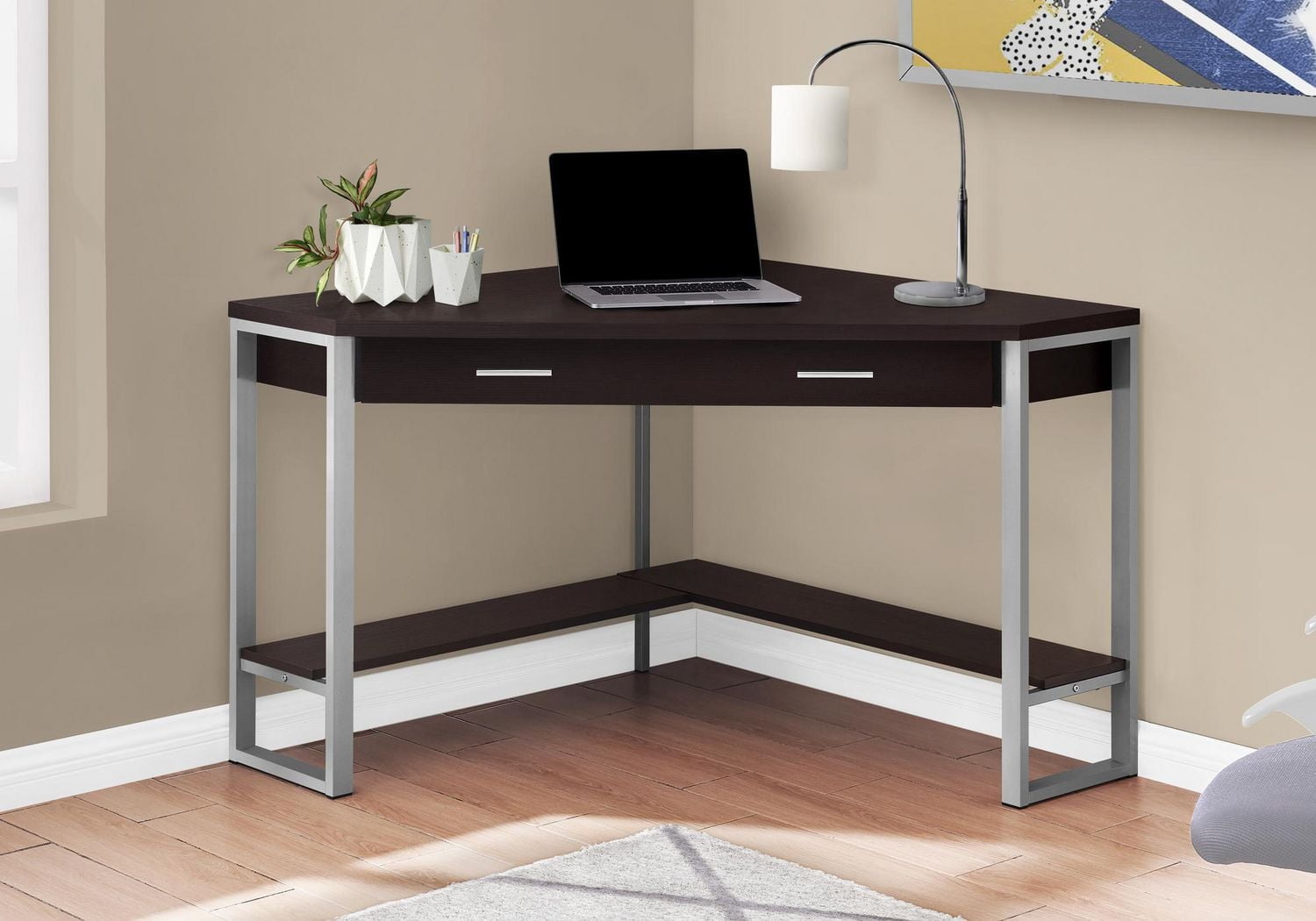Monarch Specialties Computer Desk, Home Office, Corner, Storage Drawers, 42"l, Work, Laptop, Metal, Laminate, Brown, Grey, Contemporary, Modern