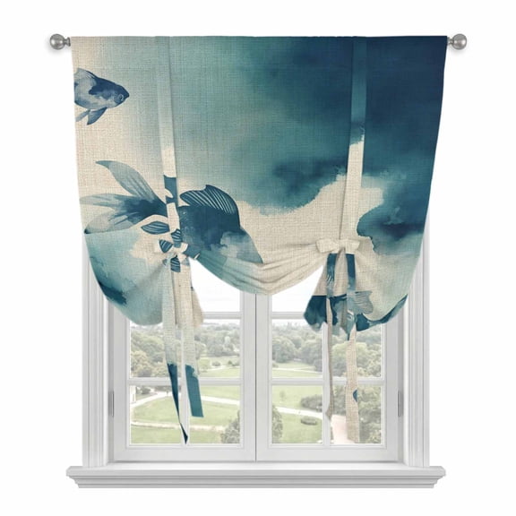 Navy Blue Fish Balloon Curtains for Living Room/French Door, Nautical Coastal Summer Ocean Modern Rustic Tie Up Curtains 63 Inch Length Energy Saving Kitchen Curtains Shades for Windows 42"x63"