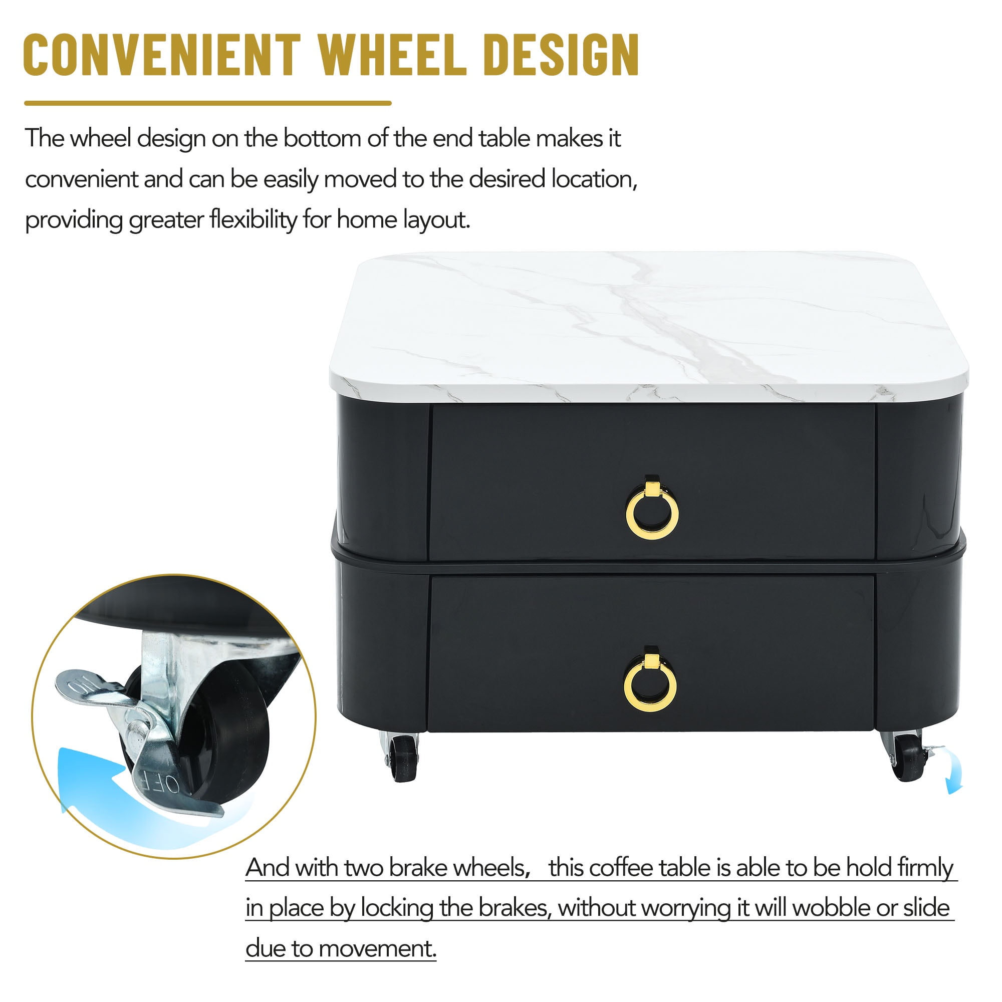 PORKISS 2-in-1 Nesting Coffee Table, Modern Square Coffee Table with Wheels and Drawers, Small Stacking Coffee Table with High Gloss Marble Grain Top and Tempered Glass for Living Room, Black/ Gold