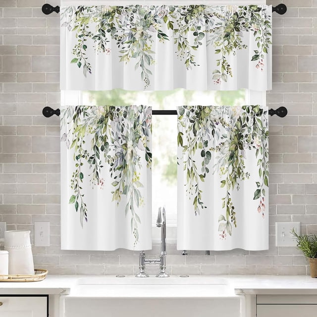 Green Eucalyptus Kitchen Curtains Window Curtains Valance and Tier Set 36 Inch, Watercolor Floral Rod Pocket Short Tier Curtain, Spring Botanical Small Cafe Curtains for Kitchen Decor
