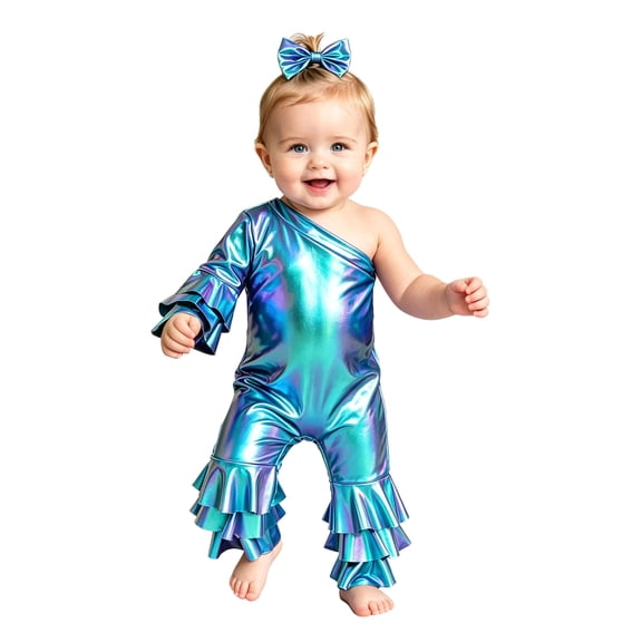 TTAO Toddler Girls Holographic Full Body Suit Disco Outfit Metallic Hippie Jumpsuit Sparkly Flare Pants Romper Blue 3-4