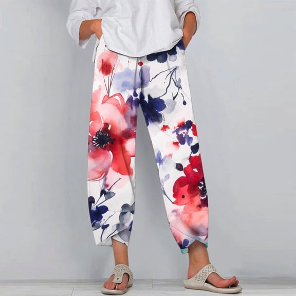 Huowey Women'S Capris Pants Casual Summer Tie Dye Printed Wide Leg Breathable Comfortable Loose Trousers With Pockets Quickly Dry Baggy Trousers Stylish Joggers,Hot Pink,M