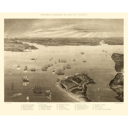 Historic Panoramic View - Fortress Monroe Virginia - Wells 1862 - Vintage Wall Art