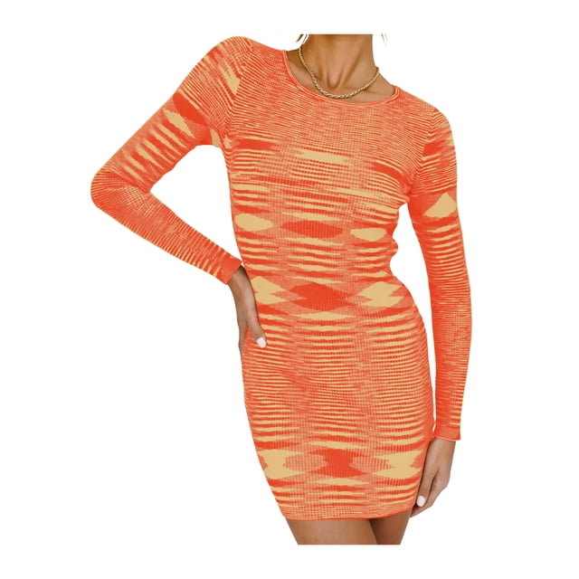ITFABS Women's Long Sleeve Round Neck Abstract Print Knit Bodycon Mini Dress