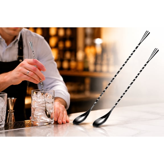 Rongsi  12'' Bar Spoon – Long Handle Cocktail Spoon for Mixing Drinks, Durable Stainless Steel Spoon, Easy to Clean (2 Pcs)