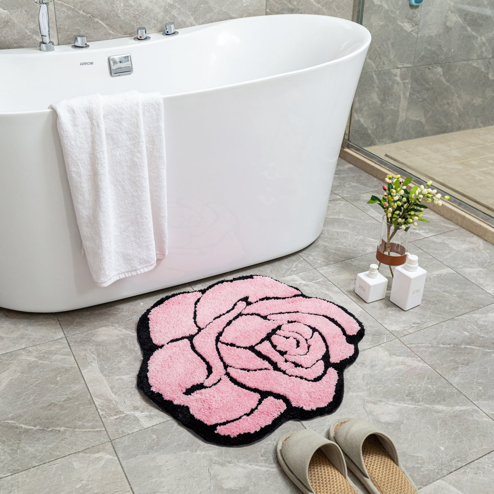 Pink Rose Bath Mat for Bathroom Non Slip Flower Shaped Absorbent Bath Rug Fluffy Shower Rugs Washable Decor Floral Small Rug Doormats 23.6x25.5in