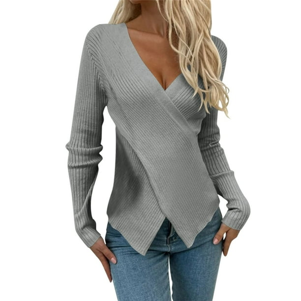Jersey de manga larga con cuello en V para mujer: top de punto liso, corte ajustado para uso informal/al aire libre, tallas S-XL