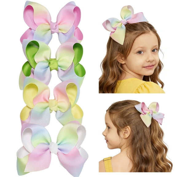 JoyBowie 4pcs 5.5 Inch Large Rainbow Hair Bows, Satin Hair Clips for Girls 3-12 Years for School Party Daily