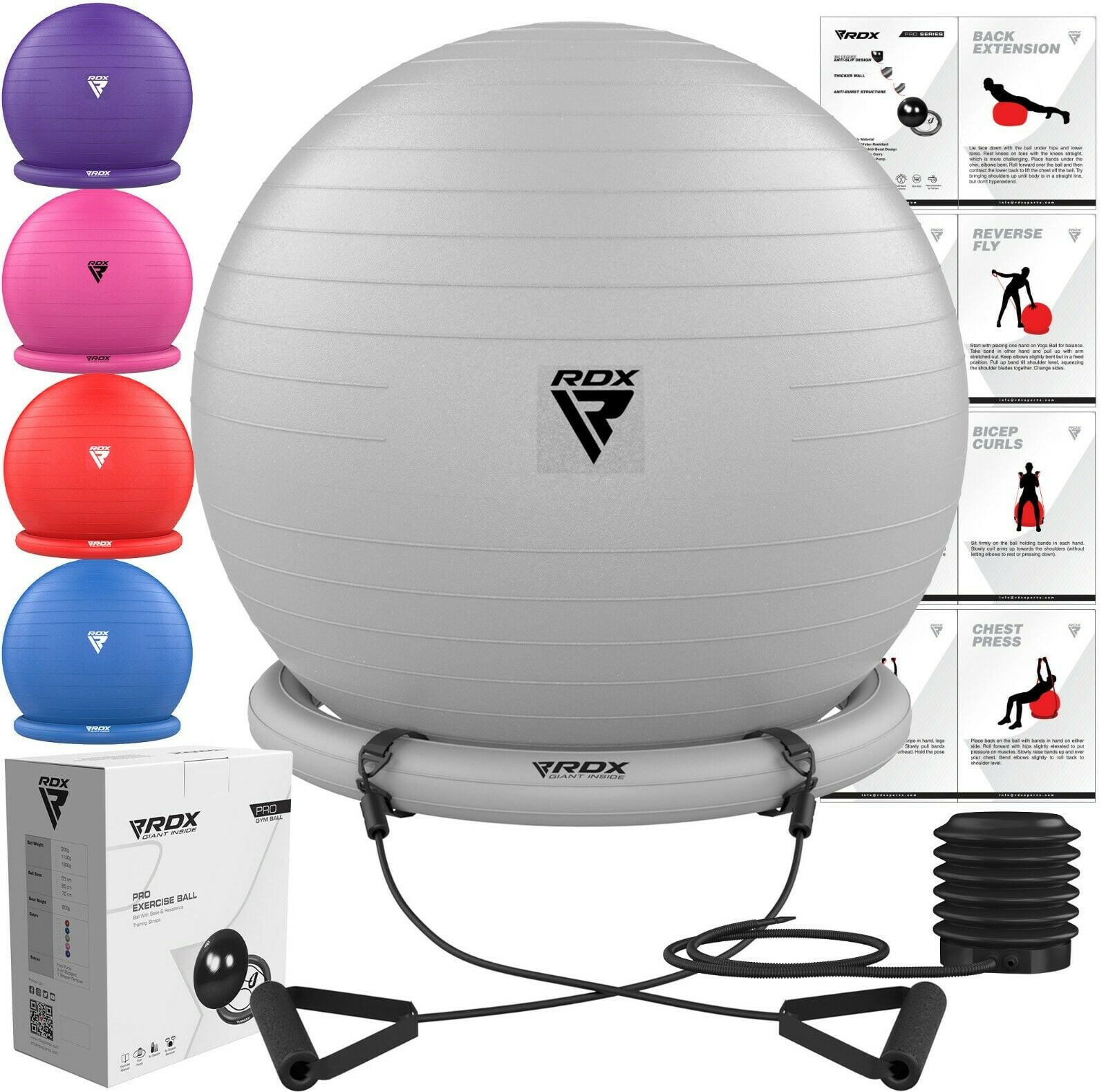 Anti-Burst PVC Swiss Ball Yoga Pilates Fitness Balance Handles Birthing Pregnancy Gym Home Workout Training Support 250kgs RDX Exercise Ball Chair with Resistance Band Stability Base Ring Quick Pump 