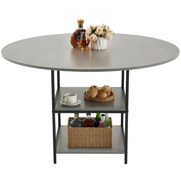 KFFKFF 47" Round Dining Table, for 2-4 People, Contemporary Circular Coffee Table, Modern Farmhouse Wooden Kitchen Table with Storage Rack and Metallic Supports