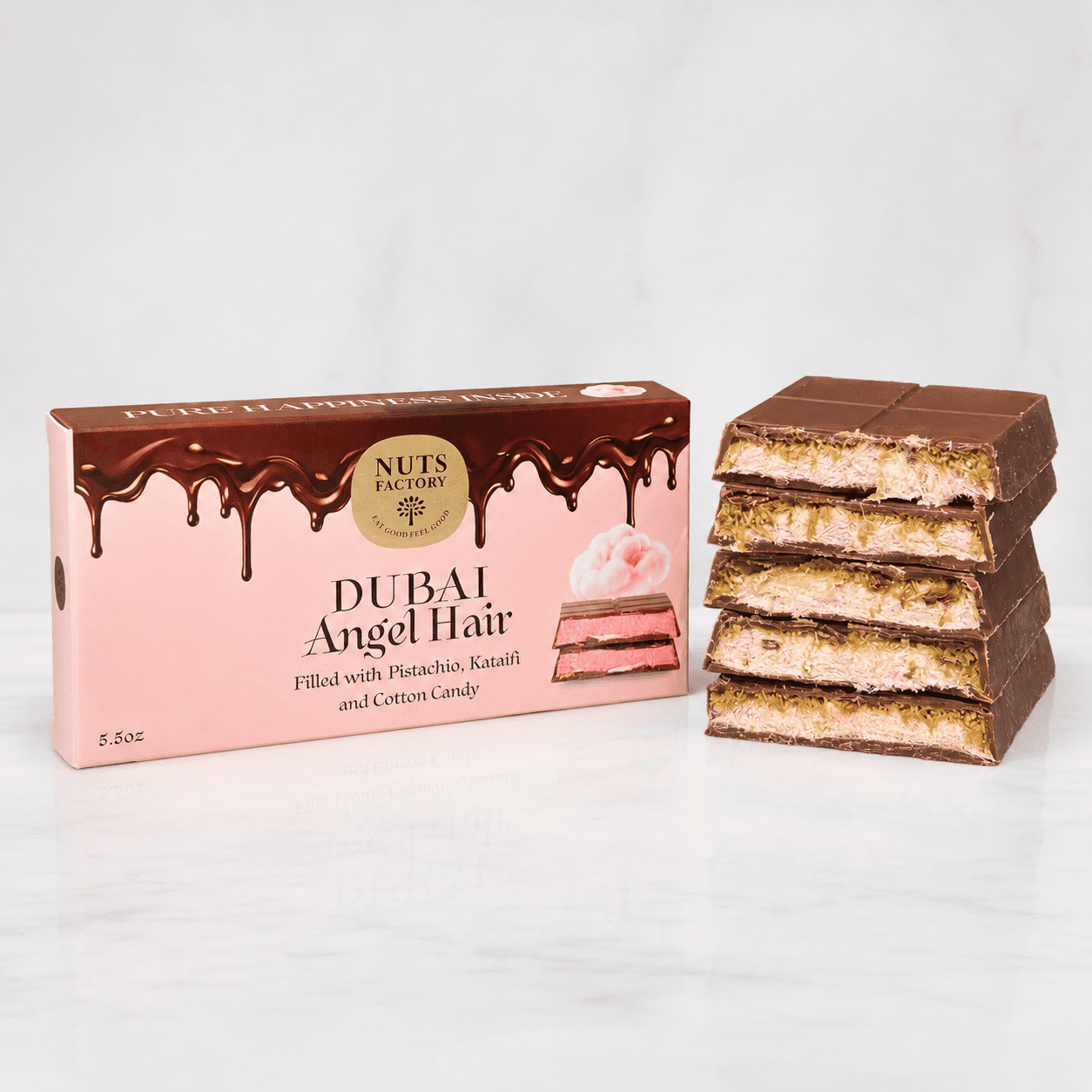 Nuts Factory Angel Hair Dubai Style Chocolate Bars with Pistachio Cream, Crispy Kataifi & Pink Cotton Candy, Pack of 2 Large Bars – #1 Ranked Dubai Chocolate Bars in the World by CNBC