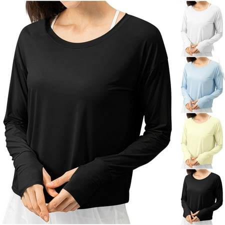 UVEASISHA Sun Shirts with Thumb Hole for Women Long Sleeve Crew Neck UV Protection Tops Loose Casual Hiking Fishing Shirts Black XS