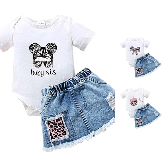 WhouRiu Girls Summer Outfits Baby Short Sleeve Graphic Romper And Denim Skirts Sets Casual Clothes