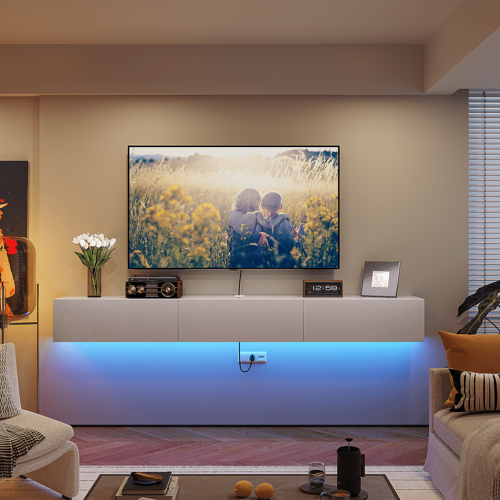 FloatiCasa 55" High Gloss Floating TV Stand Wall-Mounted Floating TV Console with 3 Doors for TVs up to 60"