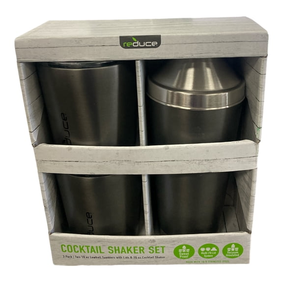 Reduce 3 Pc Cocktail Shaker w 10-oz. Lowball Tumblers Set Lids Shaker (Charcoal)