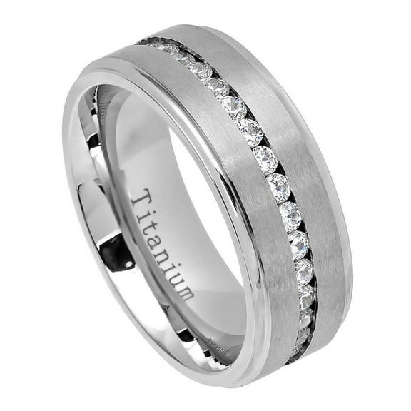 Men Women 8MM Comfort Fit Titanium Wedding Band Brushed Center Shiny Step Edge CZ Eternity Ring (Size 7 to 15)