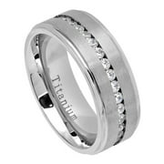 Men Women 8MM Comfort Fit Titanium Wedding Band Brushed Center Shiny Step Edge CZ Eternity Ring (Size 7 to 15)