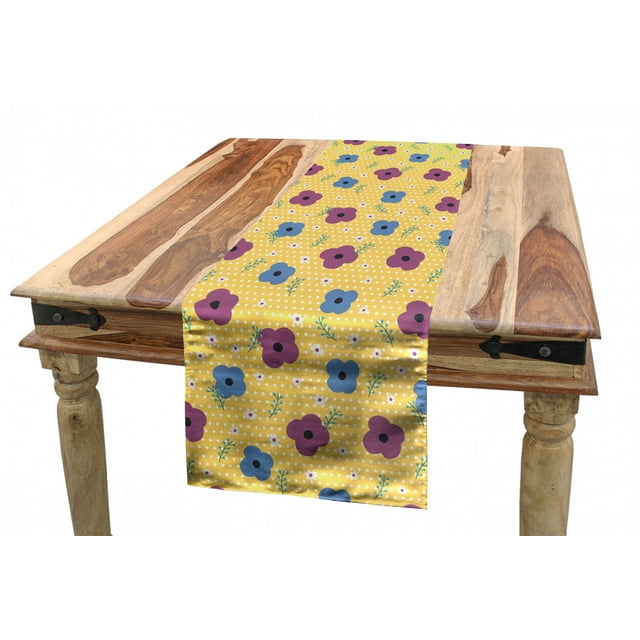 Floral Table Runner, Polka Dotted Background with Doodle Style Blooming Flowers Feminine Spring Pattern, Dining Room Kitchen Rectangular Runner, 3 Sizes, by Ambesonne
