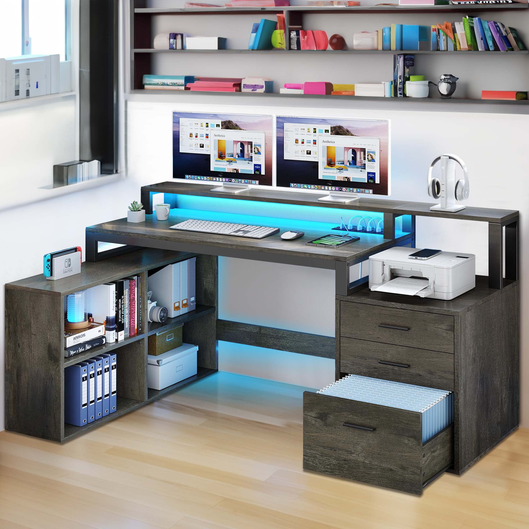 DWVO 65" L Shaped Desk with Power Outlets and Monitor Stand , Computer Desk with LED Light &File Cabinet, Corner Desk with 3 Drawers & 4 Open Storage Shelves, White Modern Home Office Desk, Gray