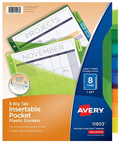 8-Tab 11903 Insertable Big Tab Plastic Dividers w/Single Pockets 11 1/8 x 9 1/4 New 