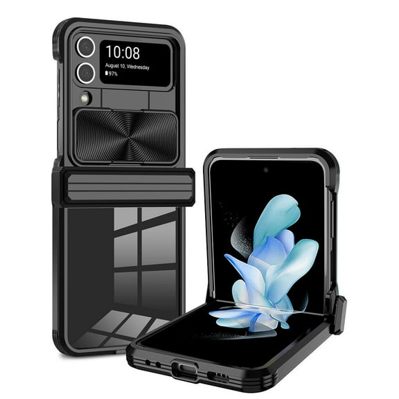 FIEWESEY for Samsung Galaxy Z Flip 4 Case,with Hinge Cover & Slide Camera Cover, Flexible Bumper & Hard Back Military Grade Shockproof Phone Case for Samsung Galaxy Z Flip 4 5G (Black)