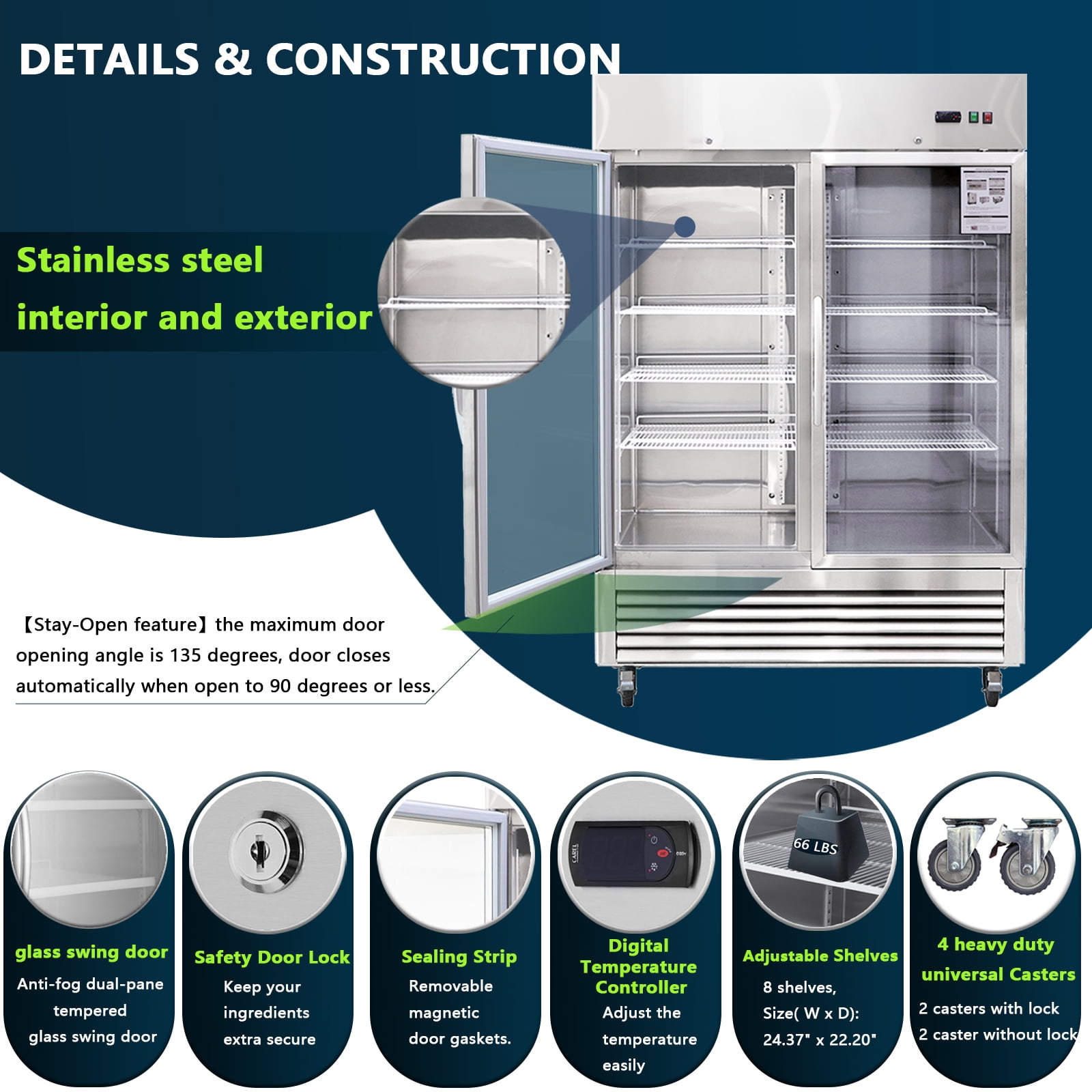 54"W Commercial Refrigerator 2 Glass Door Stainless Steel Interior and Exterior Construction Display Refrigerator 42.2 Cu.ft. Reach-in Merchandising Refrigerator Upright Fan Cooling Merchandiser