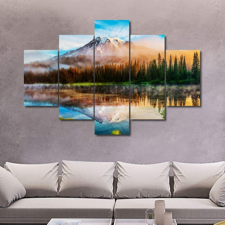 View of Mount Rainier Nature Summer Morning Lake Lascape Print On Canvas  Forest Wall Art with Fog Artwork Modern Home Decor Unique Pattern Stretched  and Framed 5 Piece Ready to Hang 