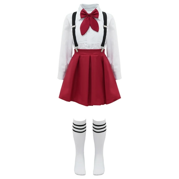 Alvivi Kids Schoolgirls Uniform Outfits Shirt Tops with Suspender Skirt Bowtie Socks Cosplay Costume Set Type A Burgundy 3-4