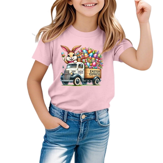 MIASHUI T-Shirts Graphiques de Pâques pour Garçons Doux Décontractés à Manches Courtes Hauts Colorés pour Enfants Rose, 4-5 Ans