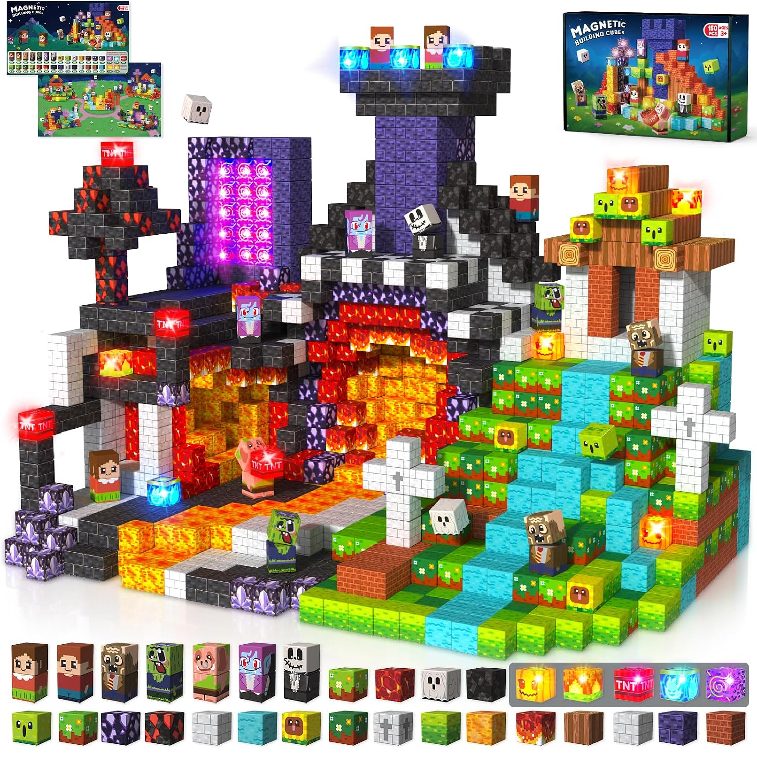 150pcs Magnetic Blocks with Light Blocks, Stem Educational Magnet Toys for Kids Ages 3+, Montessori Magnetic Cubes, Creative Construction Building Cubes Set for Boys Girls