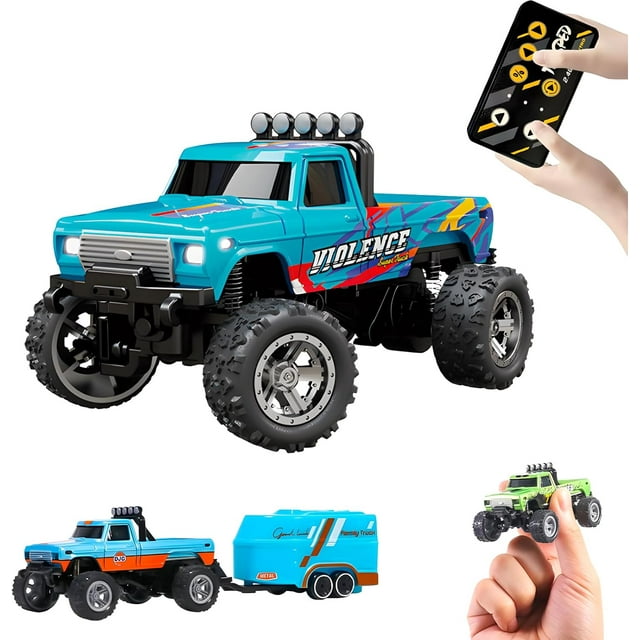 Mini Camion Monstre RC, Voiture Télécommandée, Camion Monstre à l'Échelle 1:64 avec Lumières, Camion Monstre RC 2,4 GHz, Semi-Remorque Télécommandée Rechargeable avec Remorque, Vitesse/direction Réglables