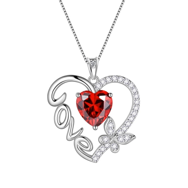 Juwaliy Collar de Corazón de Amor Rojo Mariposa Collar de Piedra de Nacimiento de Enero Granate CZ Dije de Plata Esterlina 925 Joyería Mujer Madre Cumpleaños Regalo Del Día de San Valentín